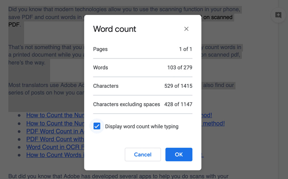 word count on google docs